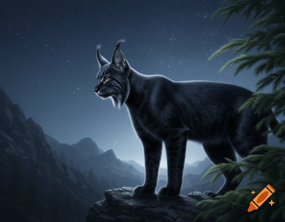 A black lynx stands on a rocky outcrop at night, looking left, with mountains and a starry sky in the background.