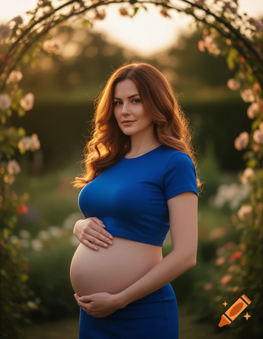 Photorealistic image of a pregnant woman with red hair in a blue crop top, holding her belly in a sunny garden.