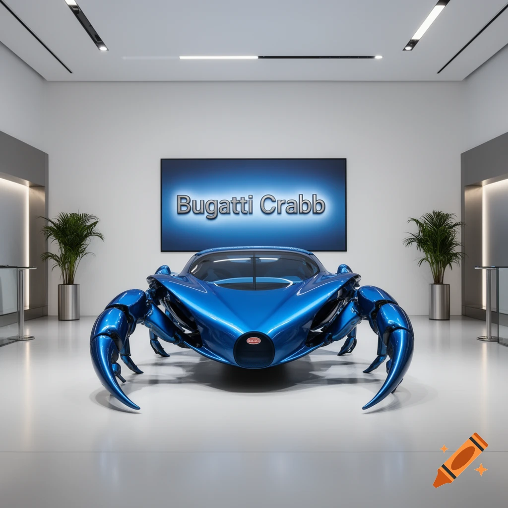 A sleek, blue, crab-legged concept car, branded 'Bugatti Crabb', displayed in a minimalist showroom.