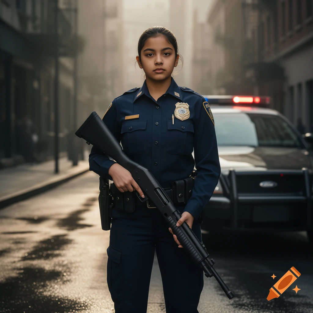 A young, serious-looking police officer in a dark blue uniform stands holding a shotgun in a foggy street, with a police car behind her.