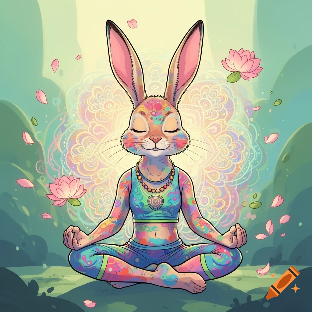 A vibrantly colored cartoon rabbit meditates in a yoga outfit, surrounded by lotus flowers and a glowing mandala pattern.
