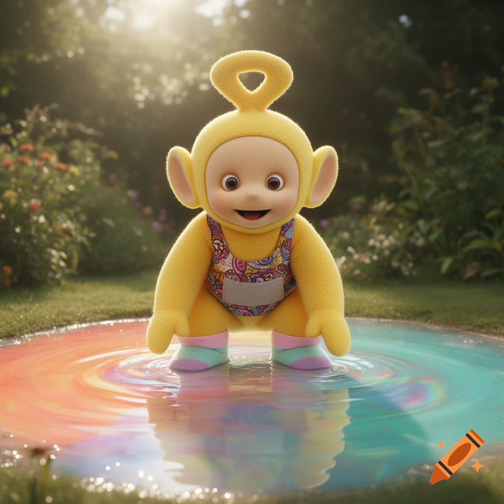 Hyperrealistic yellow Laa-Laa Teletubby in a patterned tank top and socks, squatting in a vibrant rainbow puddle in a sunny garden.