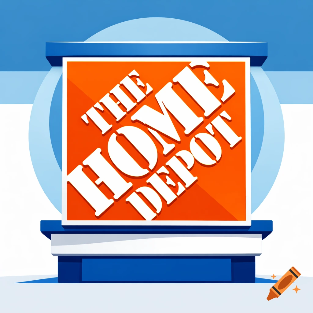 Clip art of the orange and white Home Depot logo displayed on a blue and white sign stand.