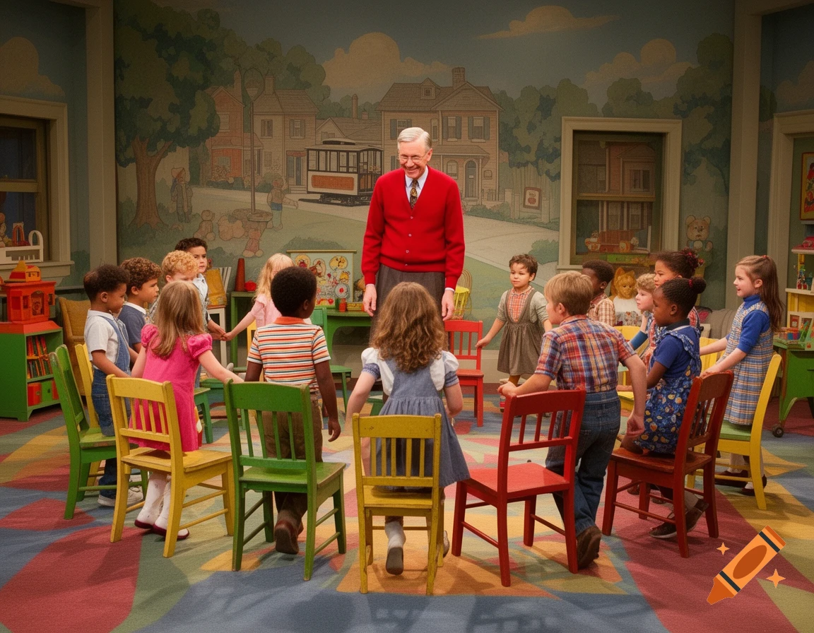Mr. Rogers in a red cardigan smiling at diverse children playing musical chairs on a colorful set with a mural.