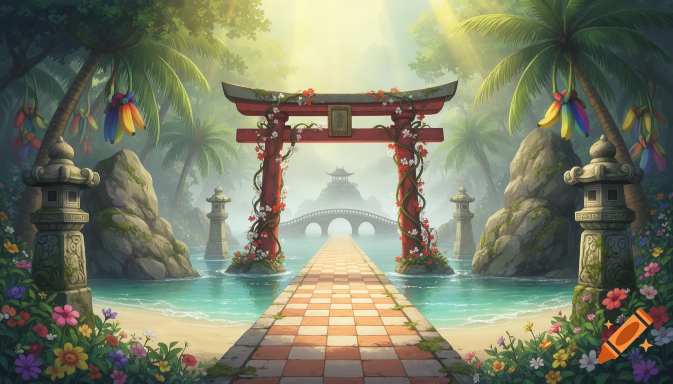 Anime landscape: a red torii gate covered in flowers, leading a checkerboard path over turquoise water to a distant pagoda on a misty island.