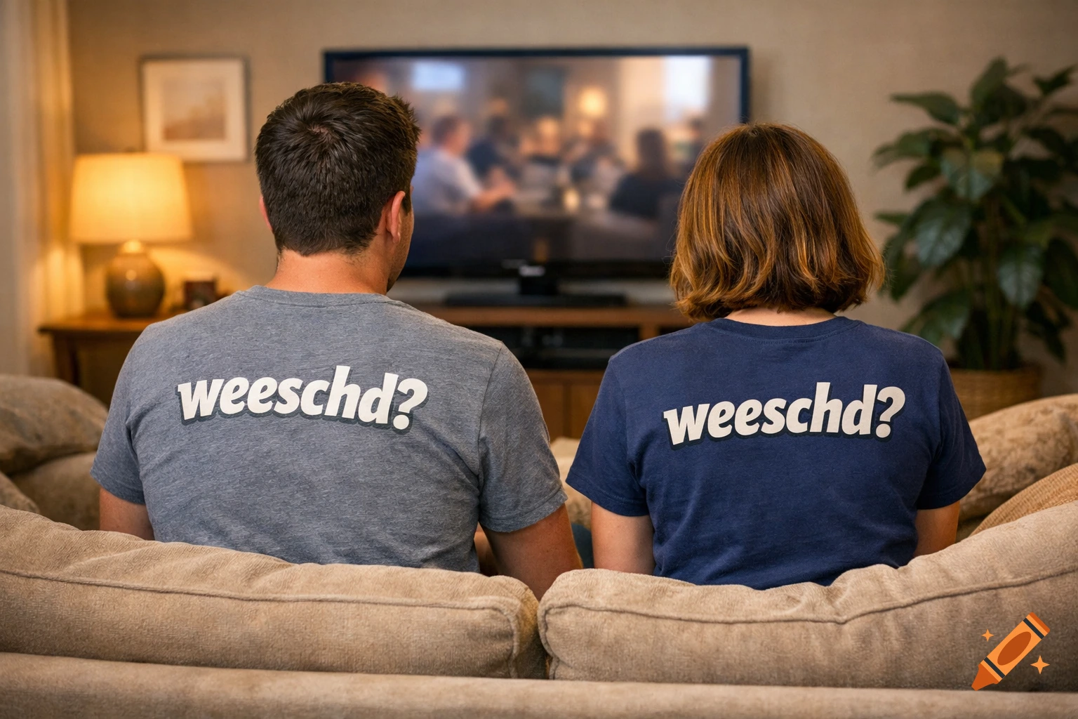 Two people viewed from behind, sitting on a couch and watching television. Both wear t-shirts with 'weeschd?' printed on them.