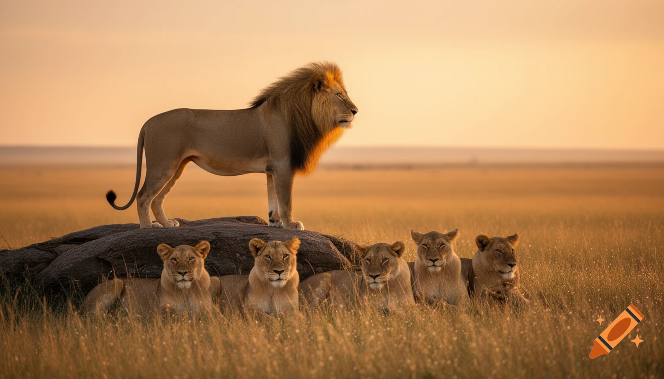 A male lion stands on a rock, observing his pride of lionesses resting in tall grass at sunrise in a golden savanna.