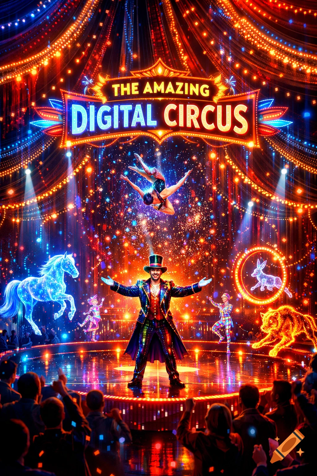 Vibrant digital illustration of a circus with a ringmaster, acrobats, glowing animals, and a large neon sign 'THE AMAZING DIGITAL CIRCUS'.