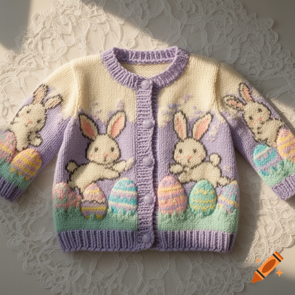 Close-up of a pastel-colored knitted baby cardigan featuring white bunnies and striped Easter eggs on a lace tablecloth.