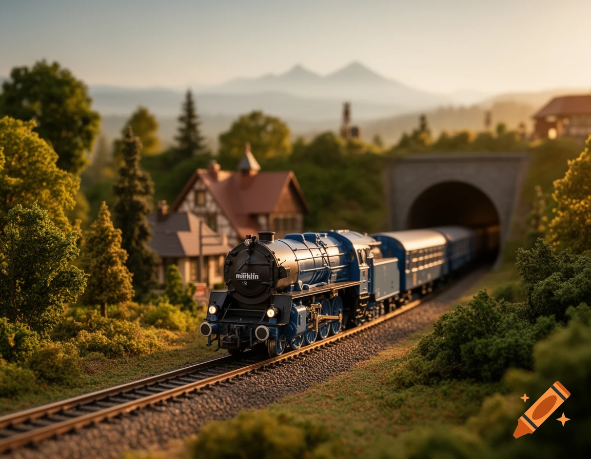 A detailed blue Märklin model train on tracks in a miniature landscape with houses, trees, and a tunnel.