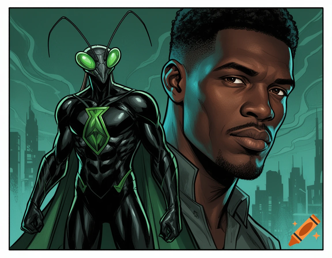 Comic book art of a dark-skinned man next to a black and green mantis-like superhero with glowing eyes, against a city skyline.