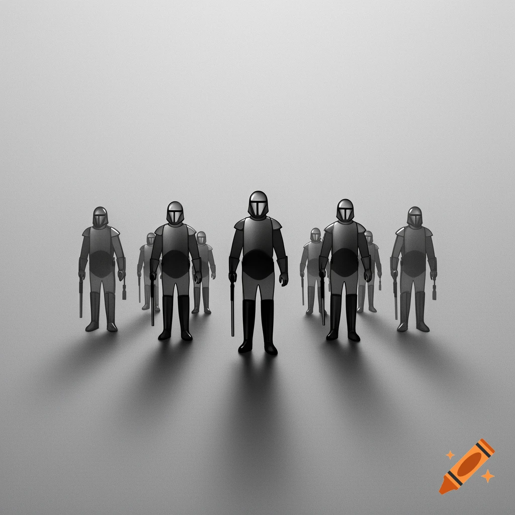 Stylized minimalist illustration of a squad of armored soldiers standing in formation, casting long shadows on a gradient background.