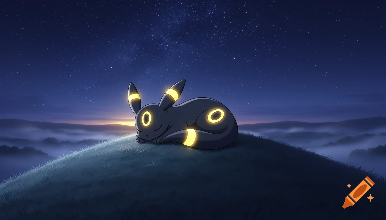 A stylized digital painting of a black Umbreon with glowing yellow rings sleeping on a grassy hill under a starry night sky with misty mountains.