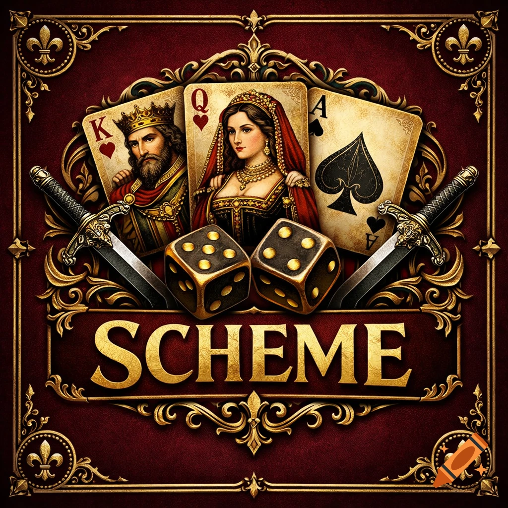 Ornate logo for a card game featuring King, Queen, and Ace playing cards, dice, and crossed daggers, with a medieval, fantasy style.