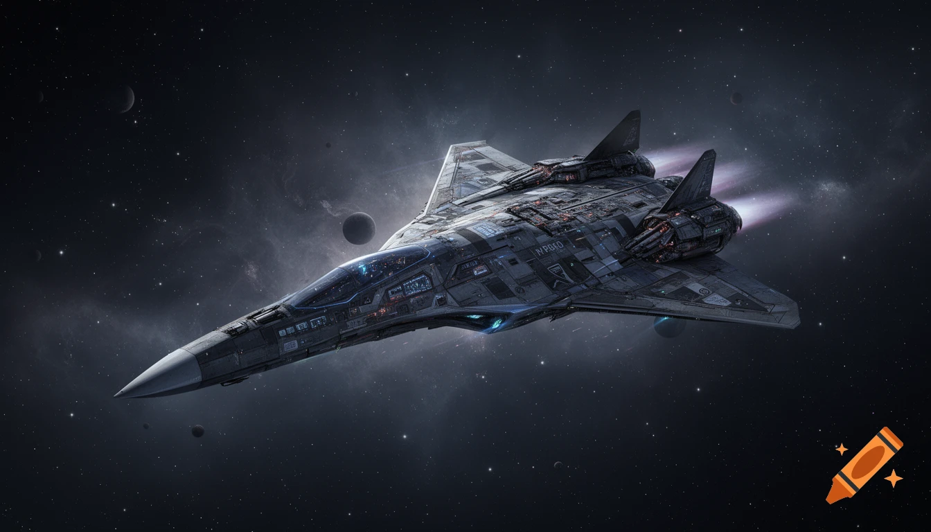 Detailed futuristic battleship with glowing engines soaring through a star-filled cosmos with distant planets.
