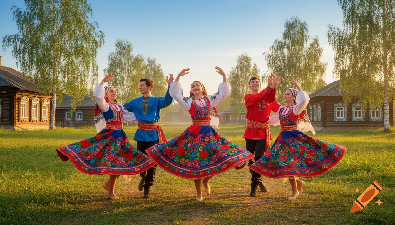 Five dancers in colorful traditional Russian folk costumes perform in a sunny village with wooden houses and birch trees.