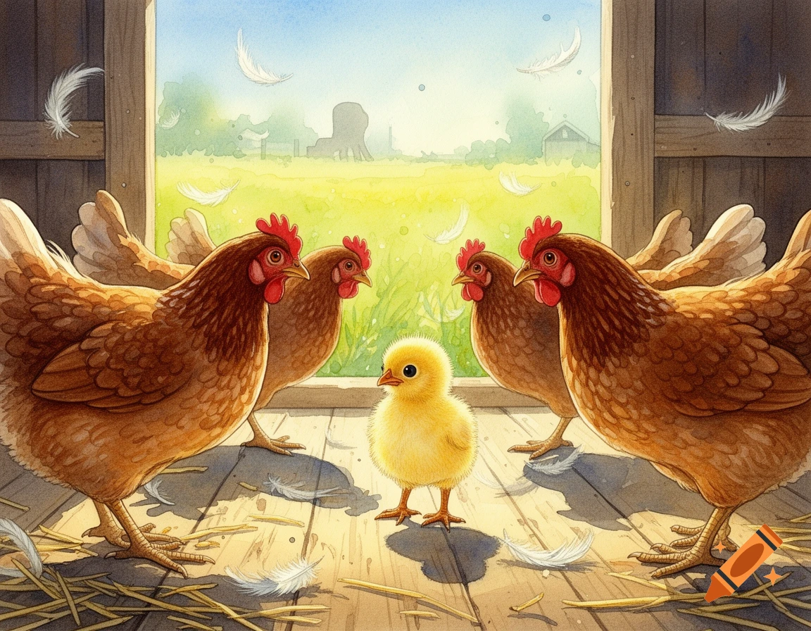 Watercolor of brown hens surrounding a fluffy yellow chick on a wooden floor, feathers floating, sunny field outside a barn.