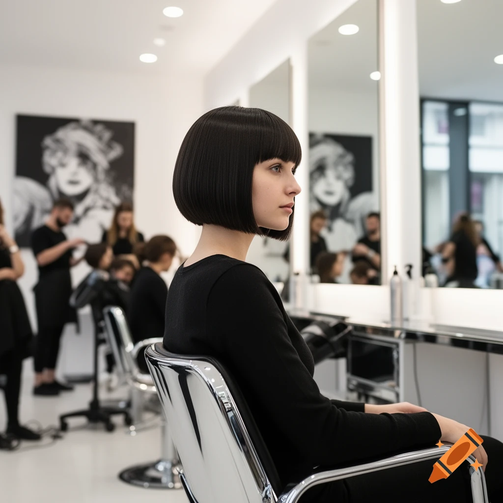A woman with a sleek black bob haircut sits in a modern salon chair, looking right, with blurred stylists and clients in the background.