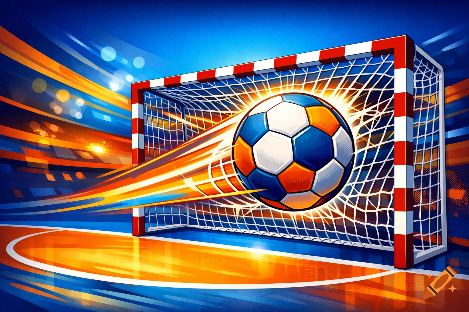 An animated graphic illustration of a blue, orange, and white ball flying into a red and white striped goal net, against a dynamic blue and orange background.