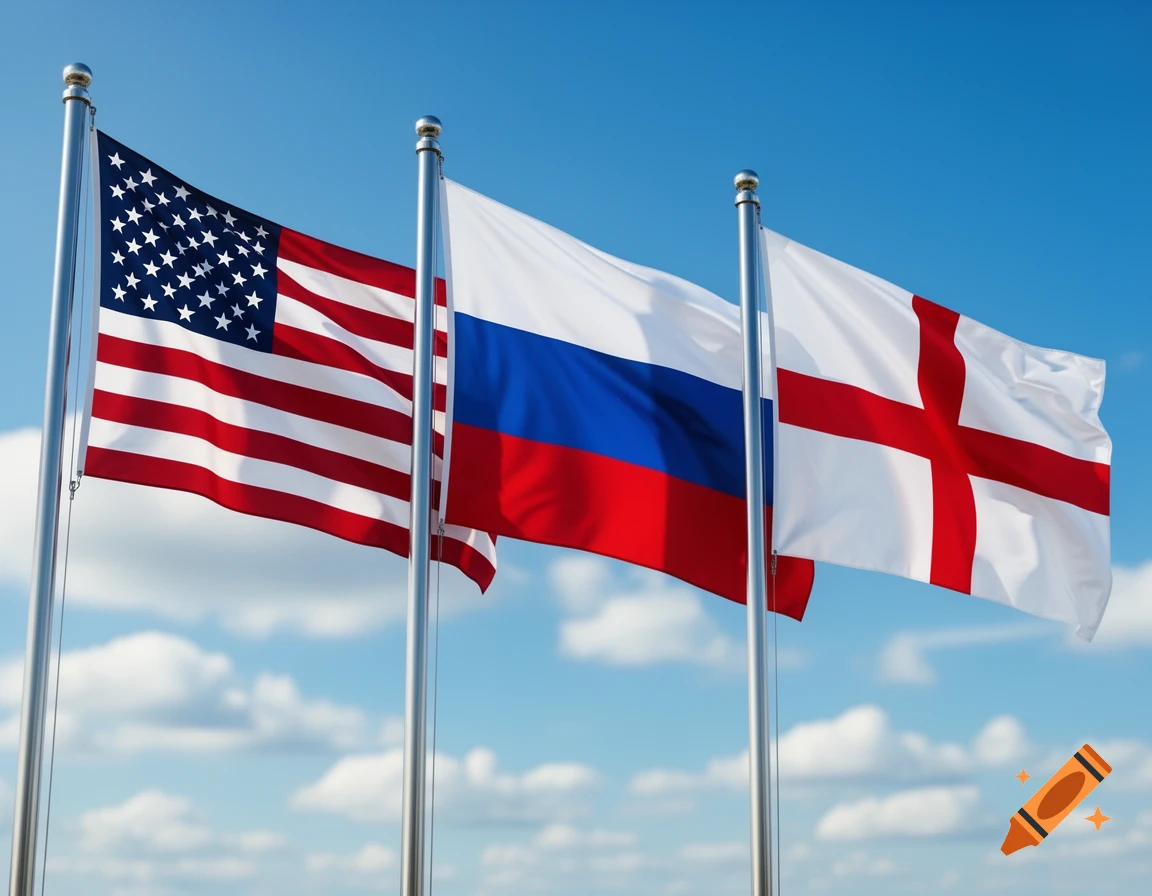 Flags of the United States, Russia, and England waving side by side against a clear blue sky with sparse clouds.