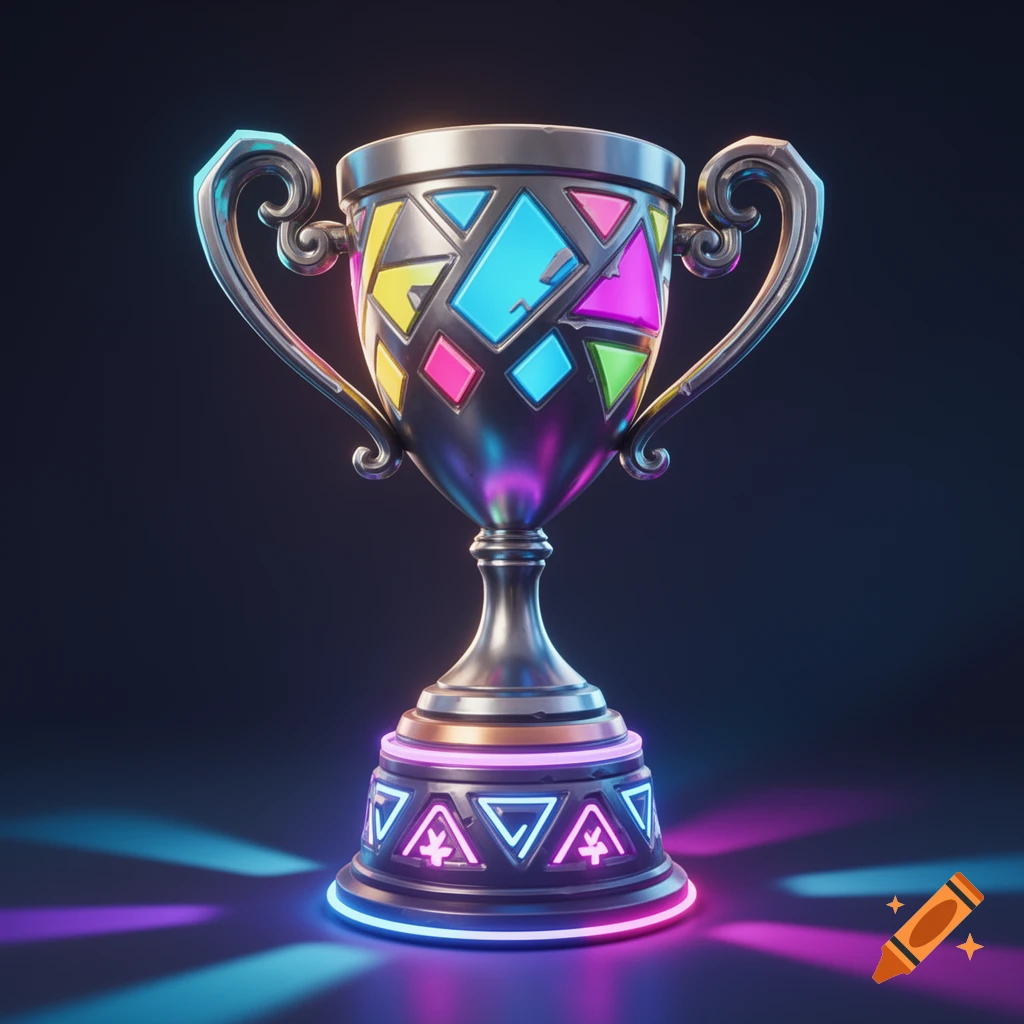 A shiny metallic trophy cup with vibrant geometric panels and a glowing neon base in 3D Fortnite style.