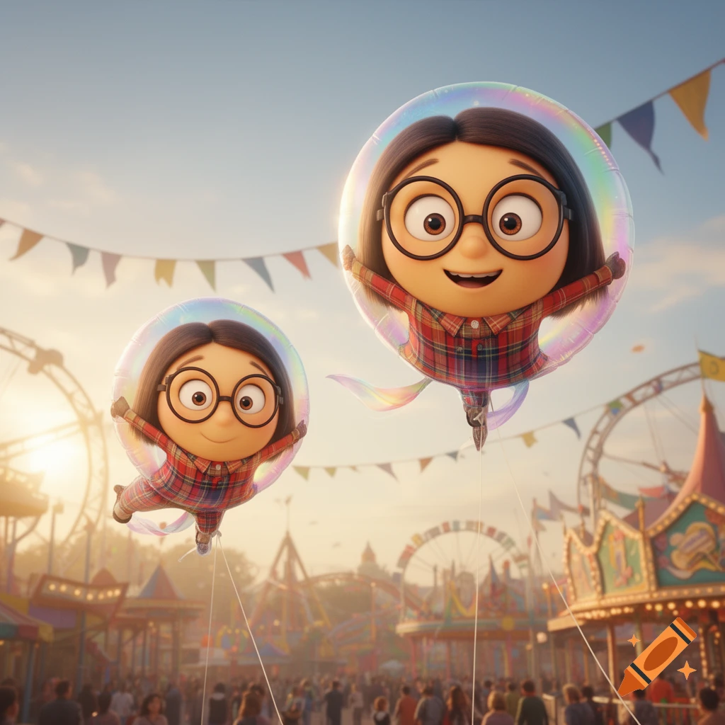 Two cartoon characters resembling Margo from Despicable Me float as balloons over a lively fairground, in a bright 3D animation style.