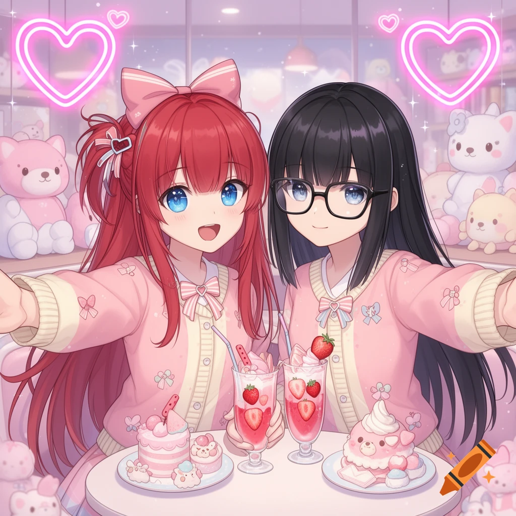 Two smiling anime girls in pink cardigans take a selfie at a dreamy pastel cafe with strawberry drinks, desserts, plush toys, and neon hearts.