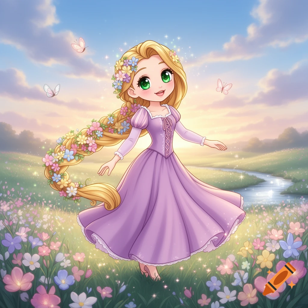 Kawaii Rapunzel with a long, flower-braided blonde pigtail stands smiling in a vibrant field of wildflowers with a river at sunset.