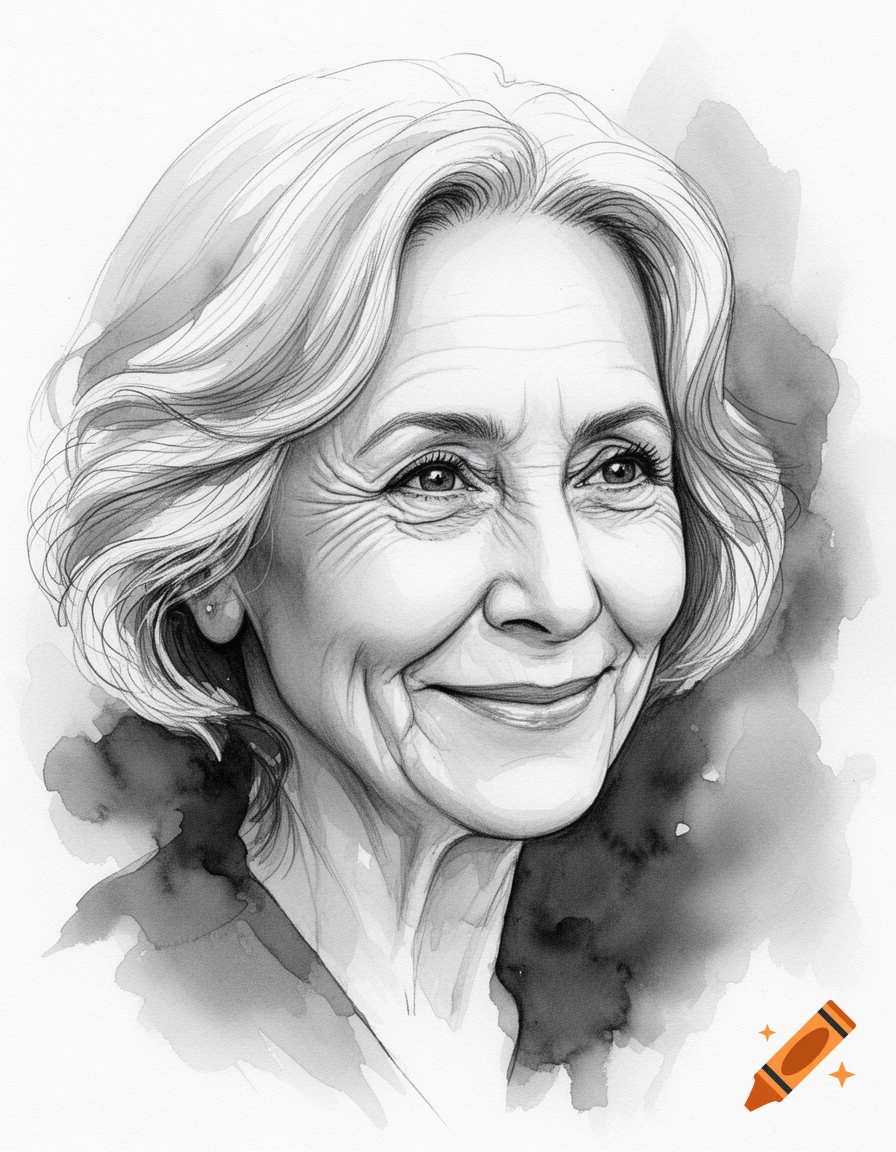 Black and white ink drawing portrait of a smiling middle-aged woman with wavy hair, looking right.
