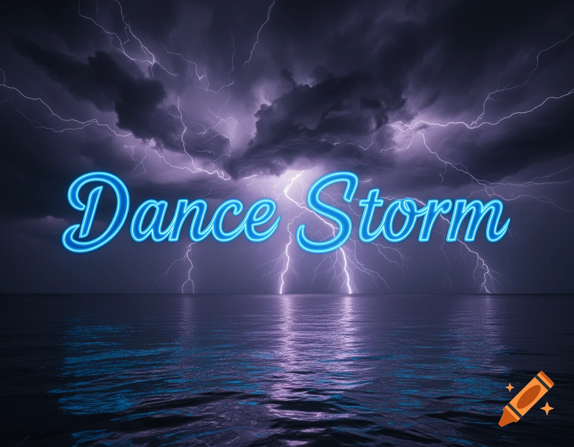 Neon blue text "Dance Storm" glows above a dark, stormy sea under a sky filled with lightning.