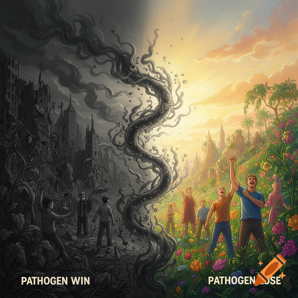 An allegorical illustration split between a dark ruined city (PATHOGEN WIN) and a vibrant, floral landscape with joyful people (PATHOGEN LOSE).