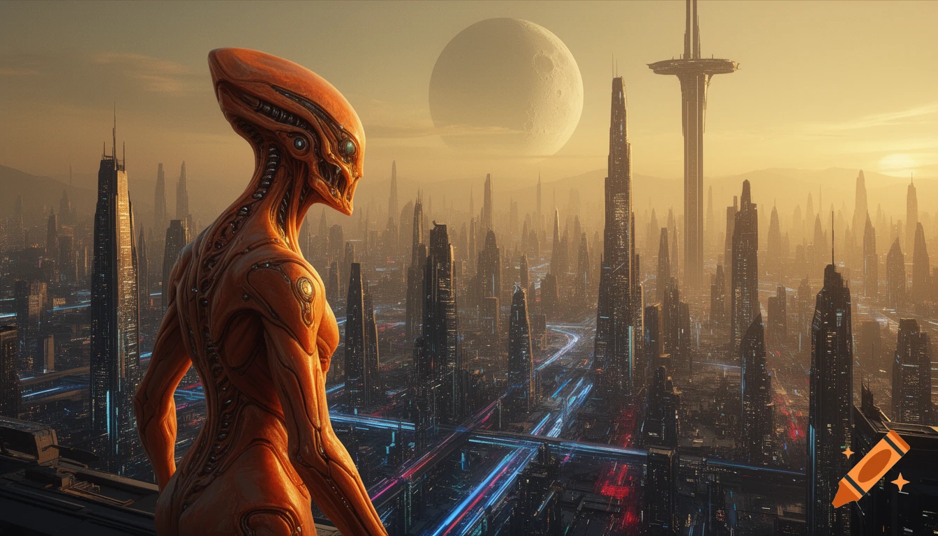 A biomechanical orange alien overlooks a glowing futuristic cyberpunk city with towering skyscrapers, a space elevator, and a giant moon in a hazy golden sky.