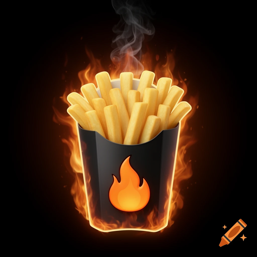 Glossy 3D cartoon of golden french fries in a black cup with an orange flame logo, surrounded by fire and smoke, on black.