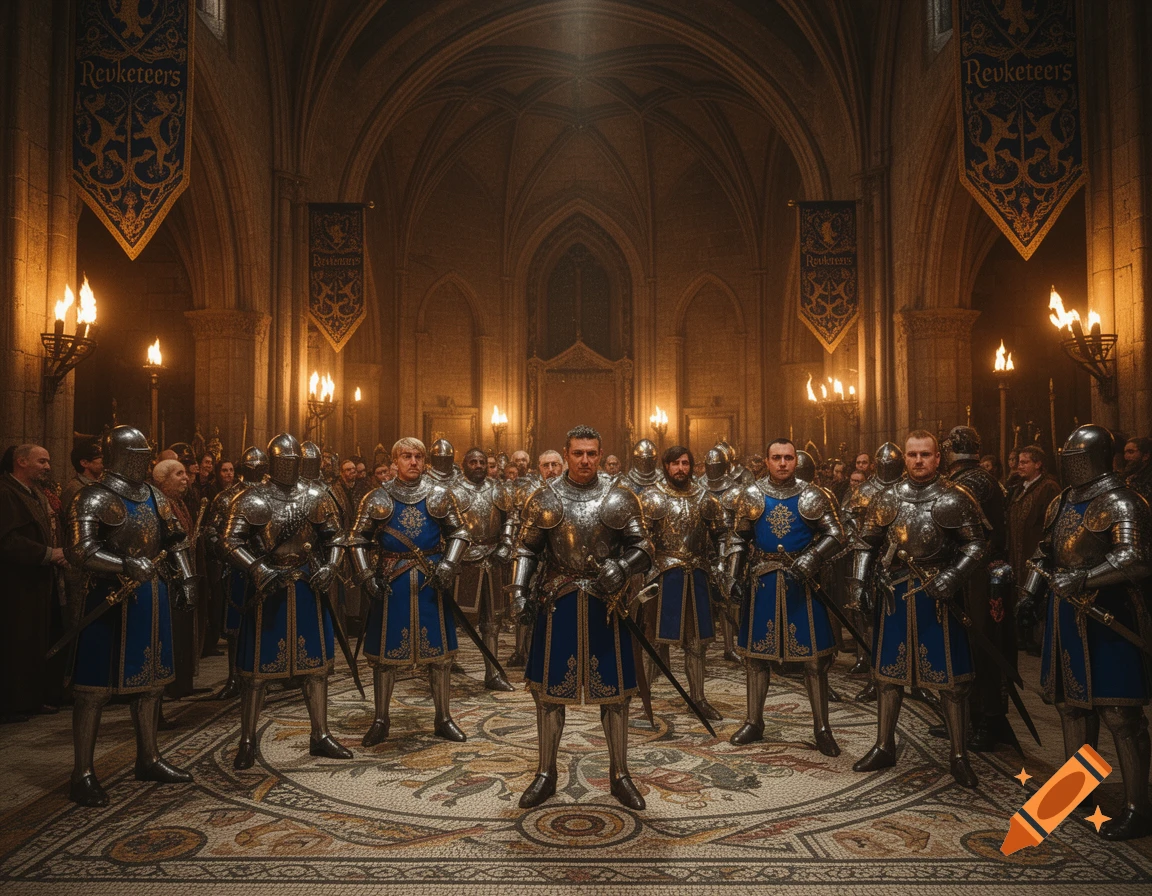 A group of knights in shining armor stands in a torch-lit medieval hall with ornate banners.