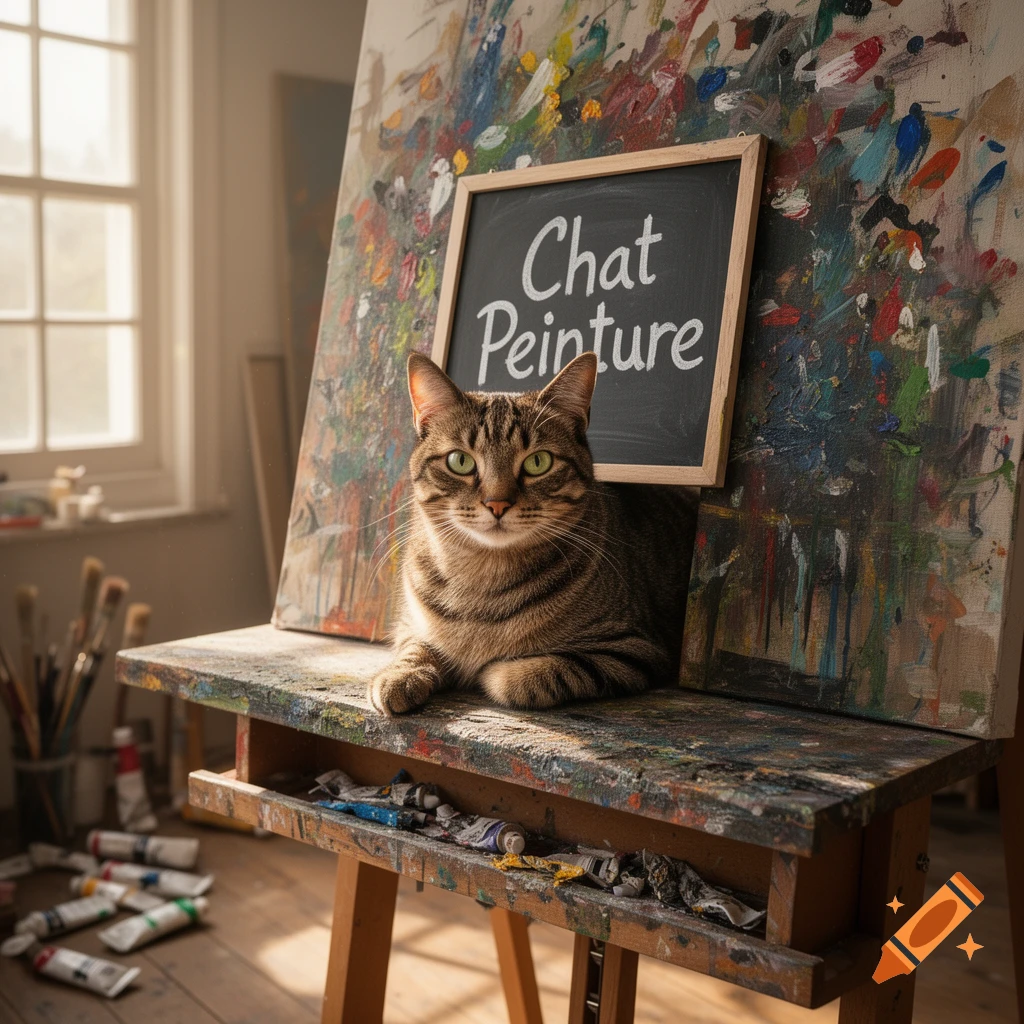 A photorealistic tabby cat sits on a paint-splattered wooden easel in an art studio, with a blackboard showing 'Chat Peinture'.
