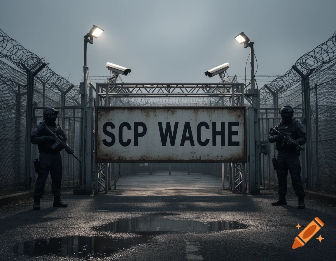 Two armed guards stand at a high-security gate with a sign that reads "SCP WACHE", flanked by barbed wire fences and security cameras.