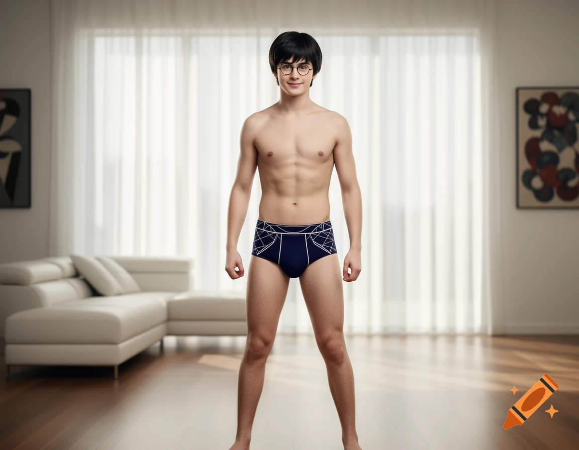 A young man resembling Harry Potter, topless and wearing dark blue geometric pattern underwear, stands confidently in a bright room.