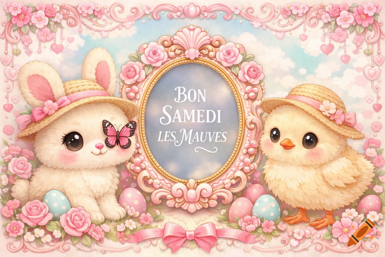 Kawaii pastel illustration of a bunny, chick, flowers, and Easter eggs with 'BON SAMEDI LES MAUVES' text in a decorative frame.