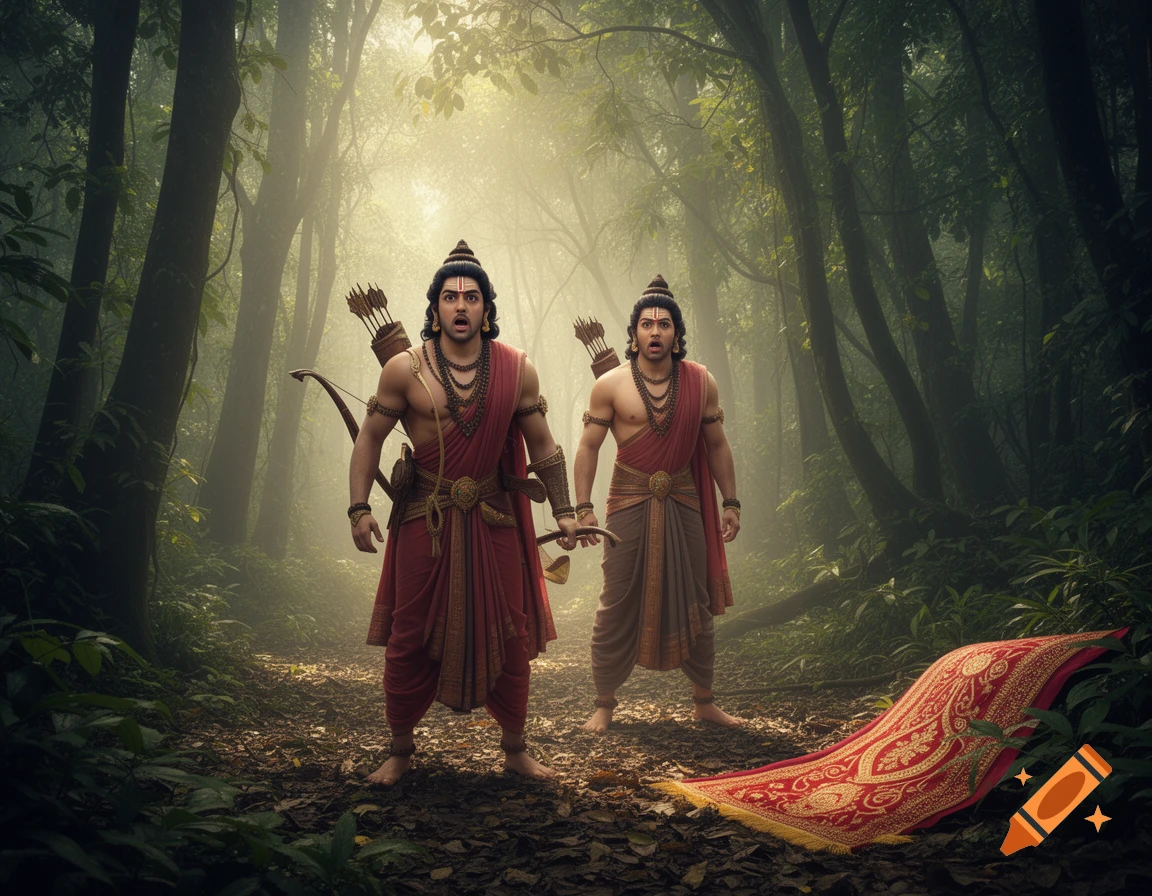 Ram and Lakshman, wearing traditional attire and carrying bows, stand with shocked expressions in a misty forest, an ornate red carpet unfurled on the ground.