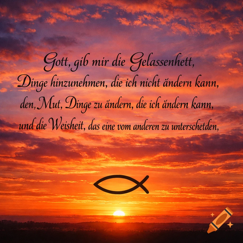A beautiful sunset with a German quote about serenity and a Christian fish symbol.