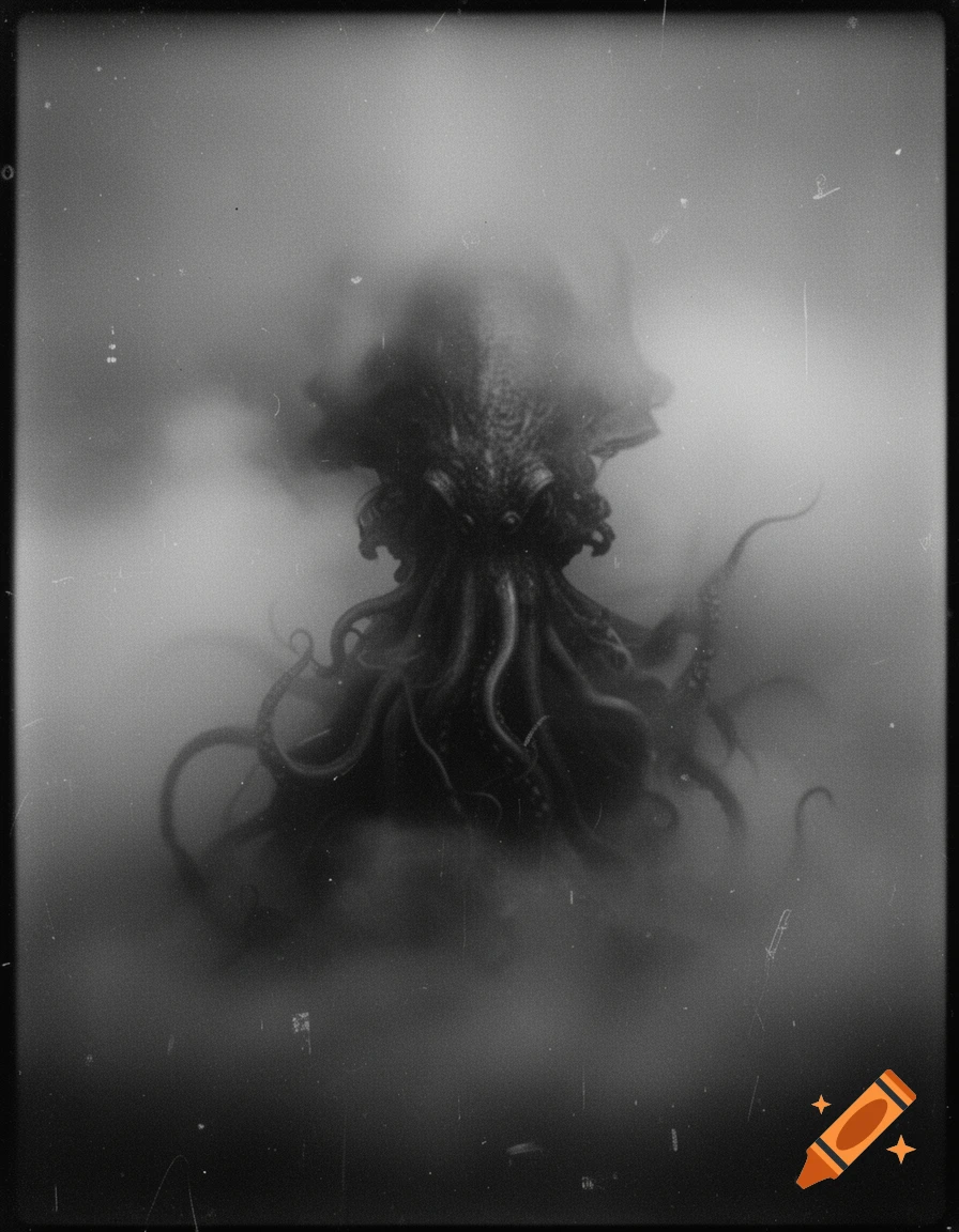 A shadowy, tentacled creature with a detailed head emerges from thick fog in a black and white, grainy, vintage photo style.