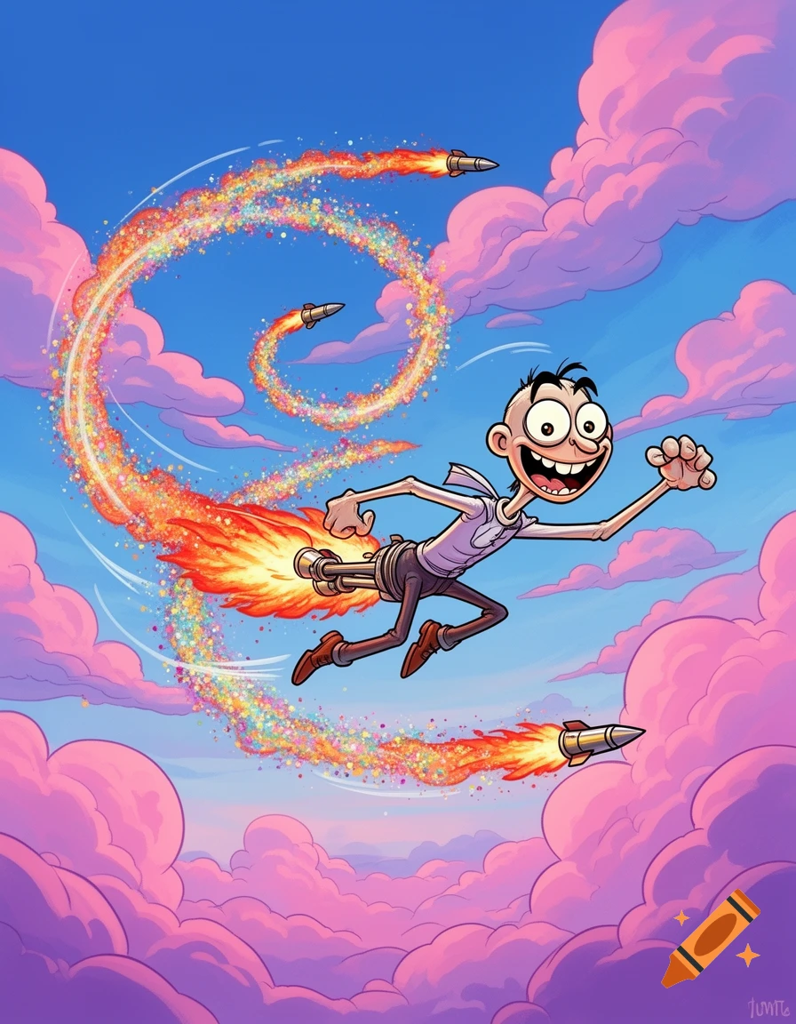 A wide-eyed cartoon character with rockets attached to his back flies through a vibrant blue sky with pink clouds, leaving a colorful rainbow trail, as other rockets fly by.