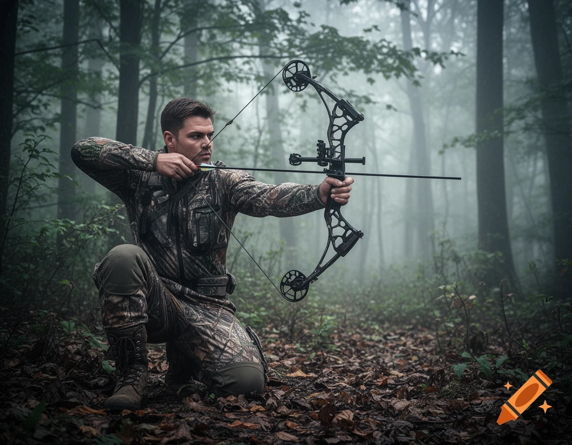 A hunter kneels in a misty forest, drawing a compound bow, in a photorealistic style.