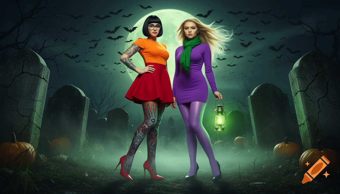 Two women in Halloween costumes stand in a spooky graveyard at night with a full moon, bats, pumpkins, and green mist.