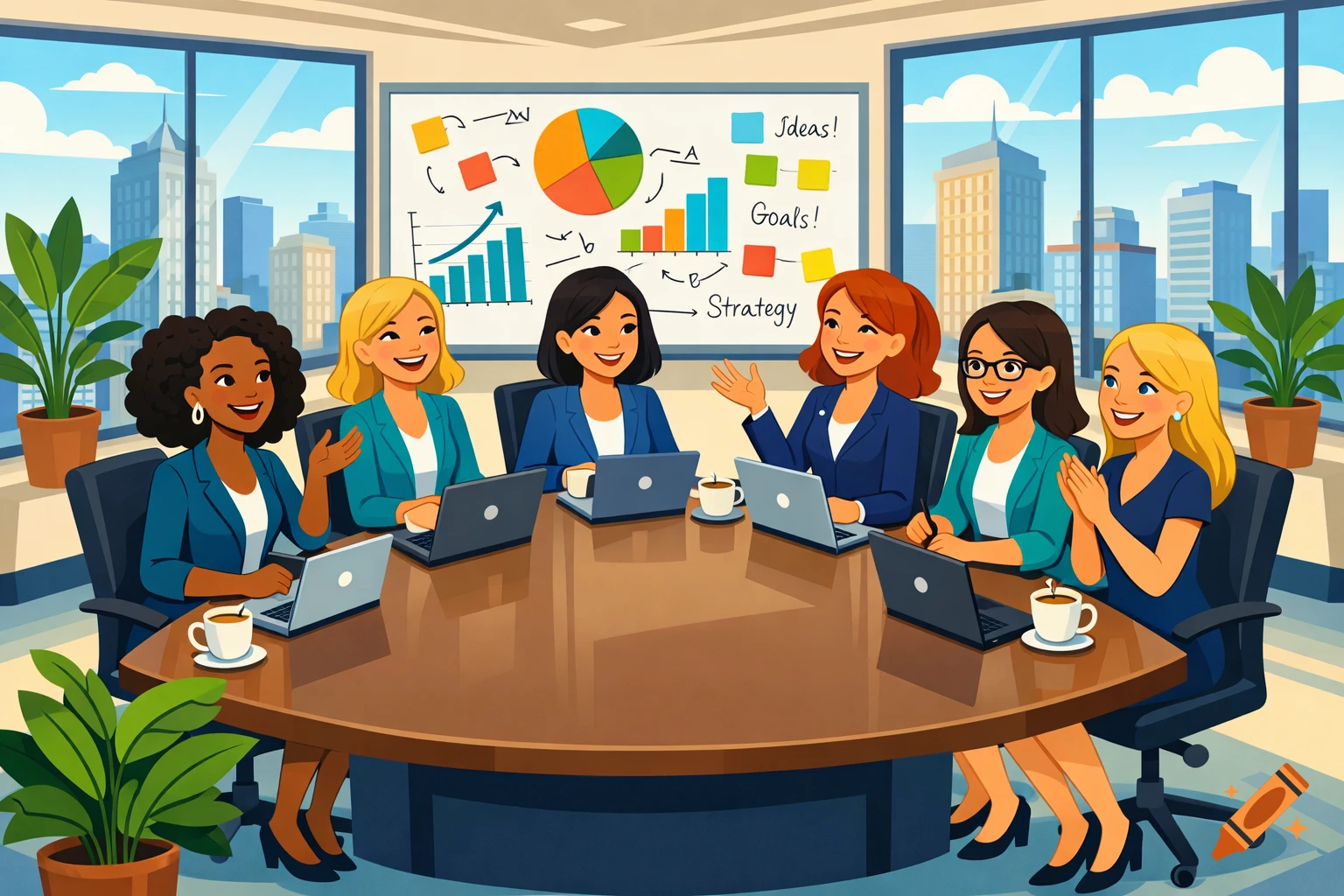 Cheerful cartoon of six professional women in a boardroom meeting with laptops, coffee, a whiteboard with charts, and a city view.