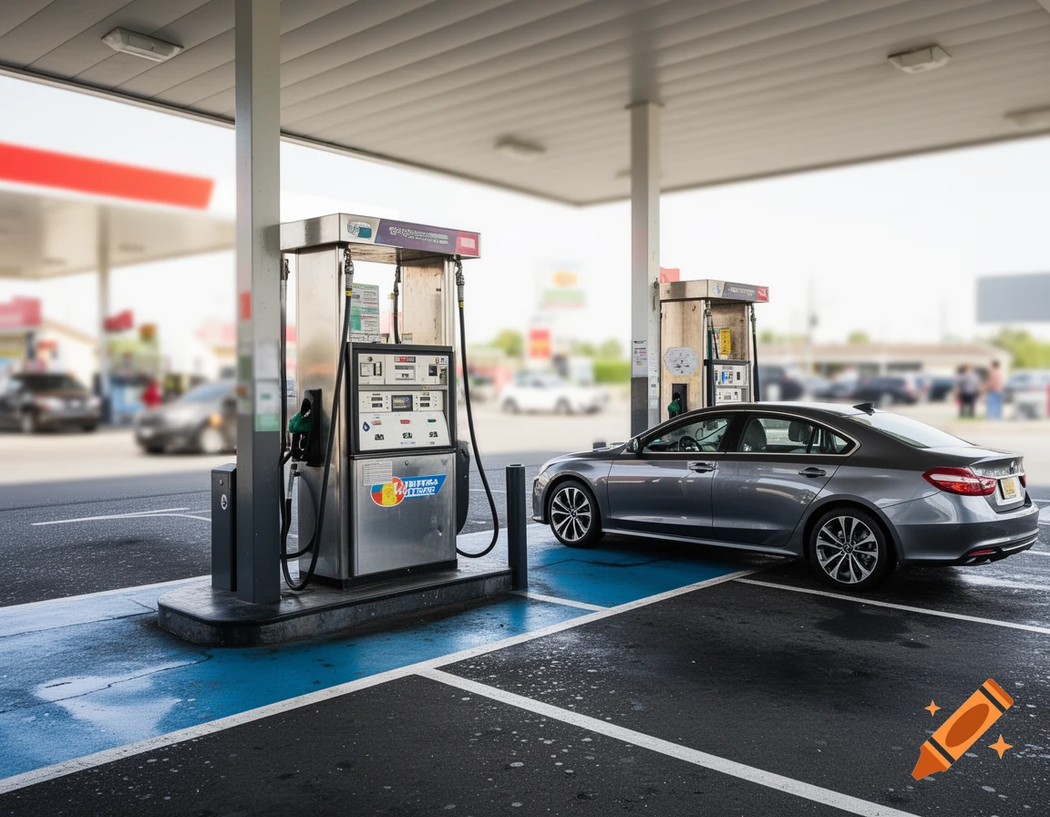 A gray car parked next to a gas pump at a station, with another pump and blurred cars in the background.