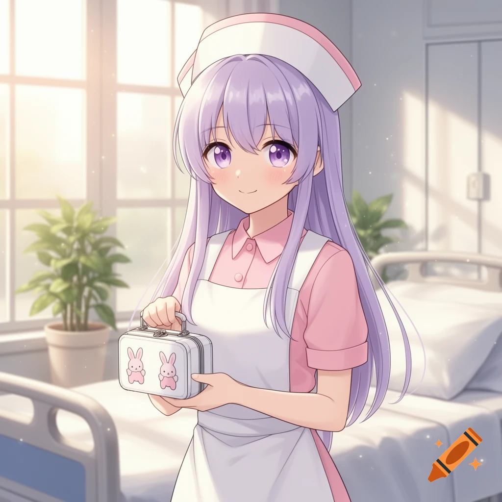An anime girl with purple hair and eyes, wearing a pink nurse uniform and white apron, holds a white case with two pink bunnies. She stands in a sunlit hospital room.