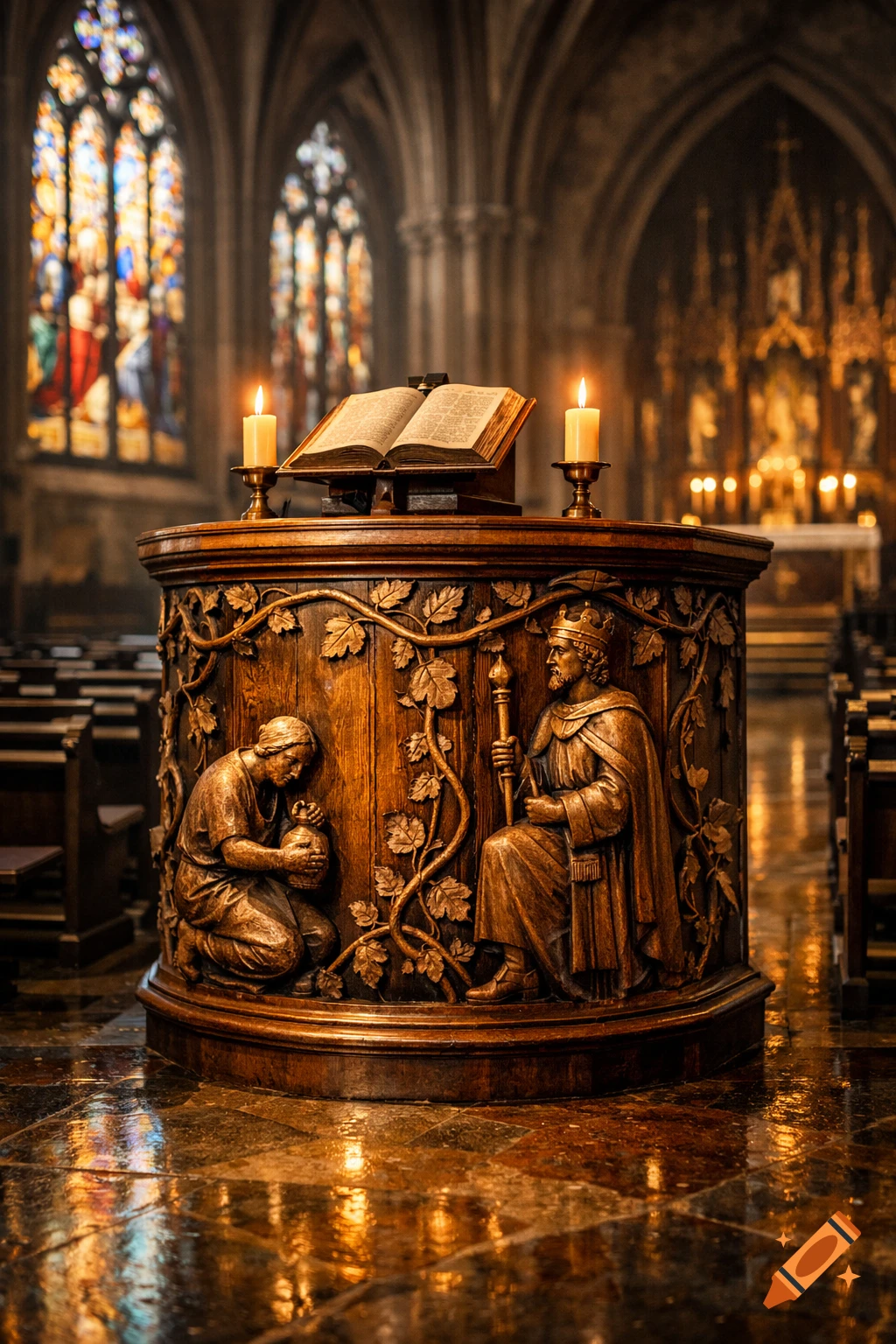 Photorealistic image of a wooden church lectern with carved figures, an open bible, and two lit candles in a dimly lit church.