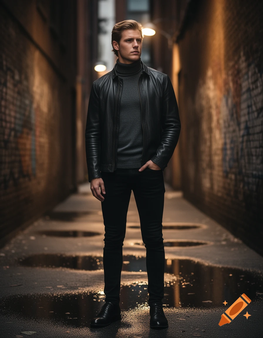 A man in a black leather jacket and grey turtleneck stands in a wet, dimly lit urban alley.