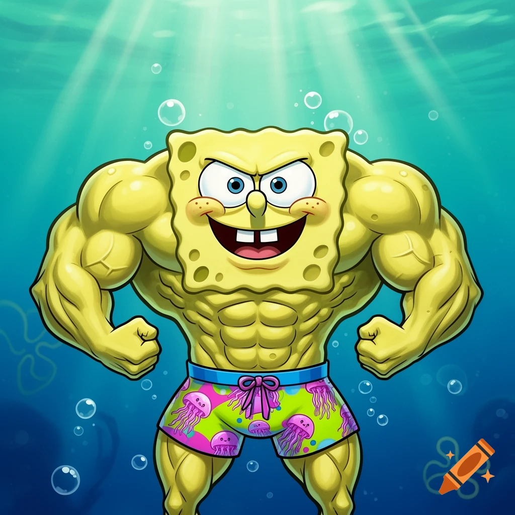 A muscular Spongebob Squarepants in jellyfish-patterned swim trunks flexes underwater, in a vibrant cartoon style.